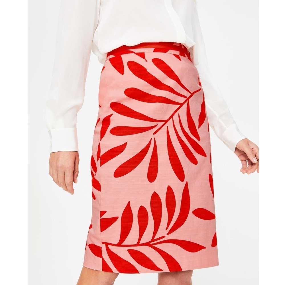 Boden Pink & Red Tropical Fern Leaf Pencil Skirt - Cotton Blend - Size US 14L